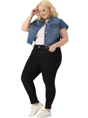 Plus Size Denim Vest Tops for Women Y2K Button Down Short Sleeve Streetwear Jean Jacket