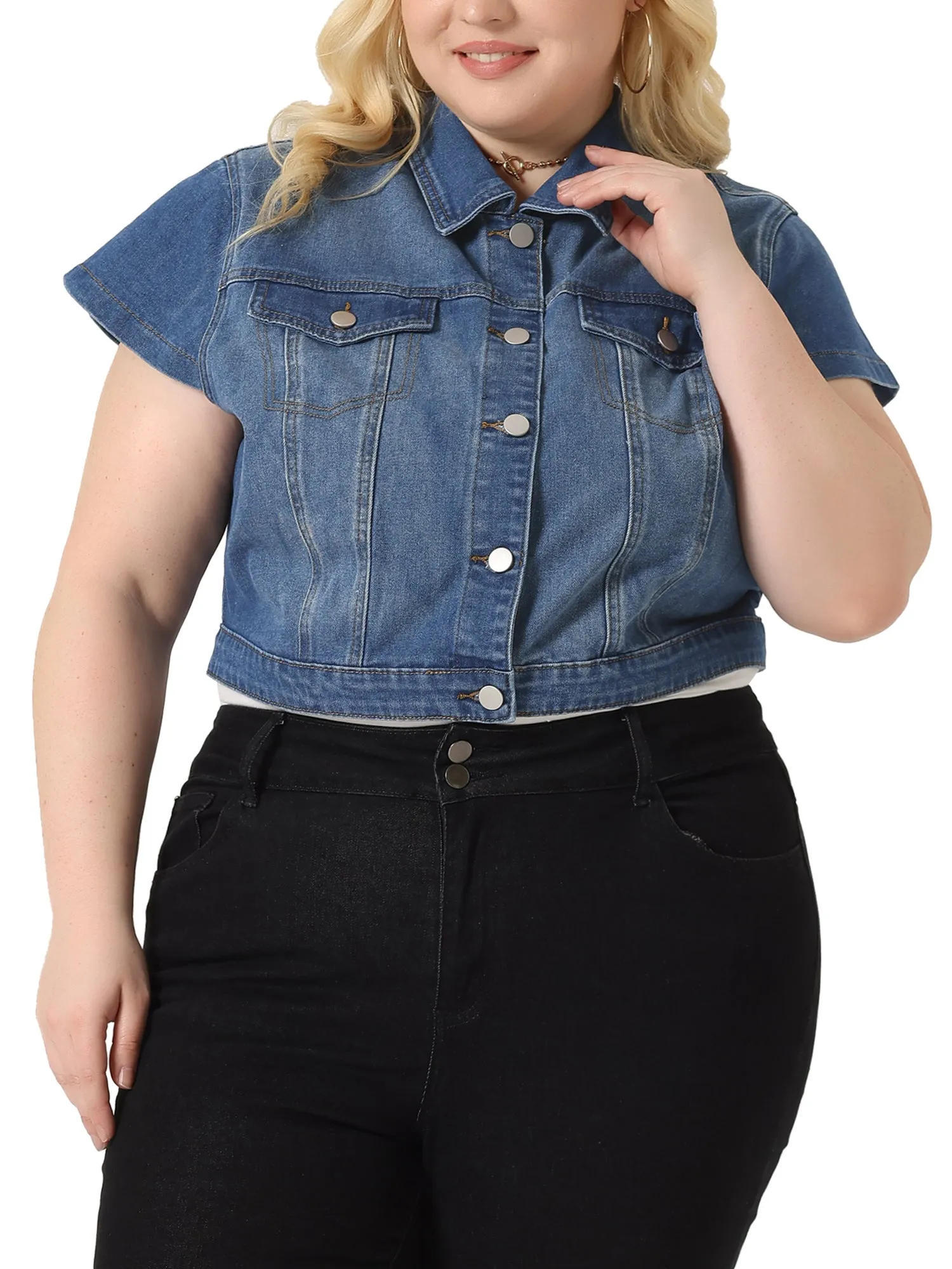 Plus Size Denim Vest Tops for Women Y2K Button Down Short Sleeve Streetwear Jean Jacket
