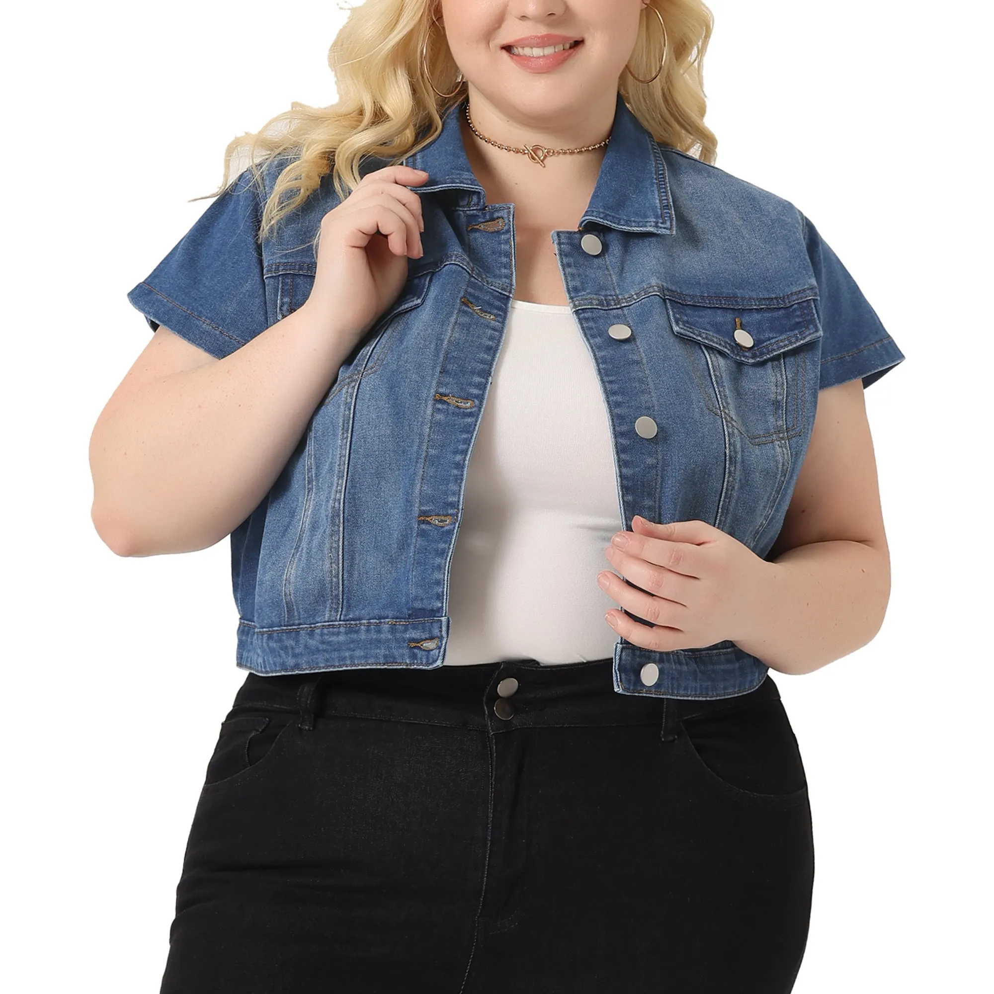 Plus Size Denim Vest Tops for Women Y2K Button Down Short Sleeve Streetwear Jean Jacket