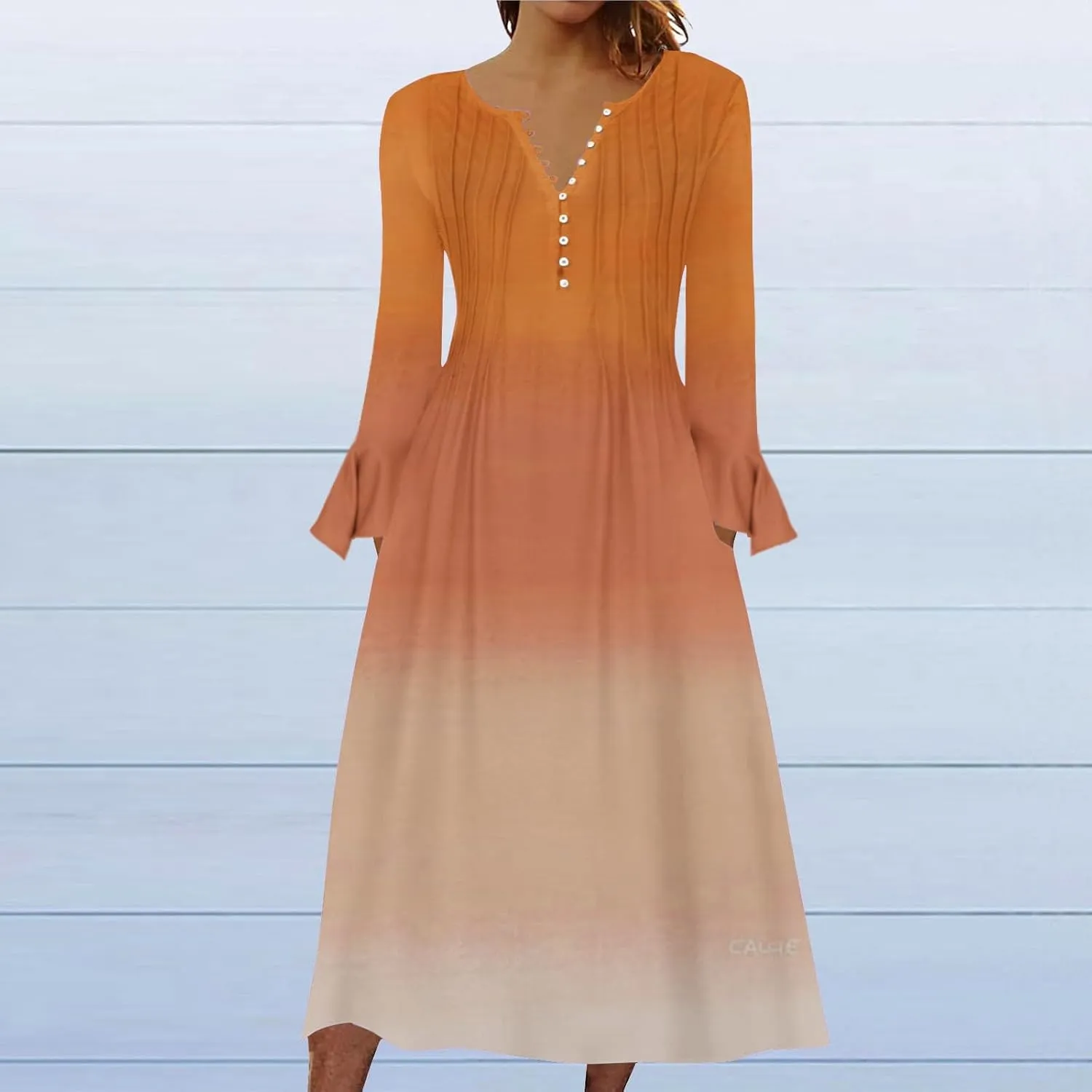 Plus Size Dress for Women 2024 Fashion Long Sleeve Gradient Color Causal Dresses Plus Size Buttons V Neck Fall Dress