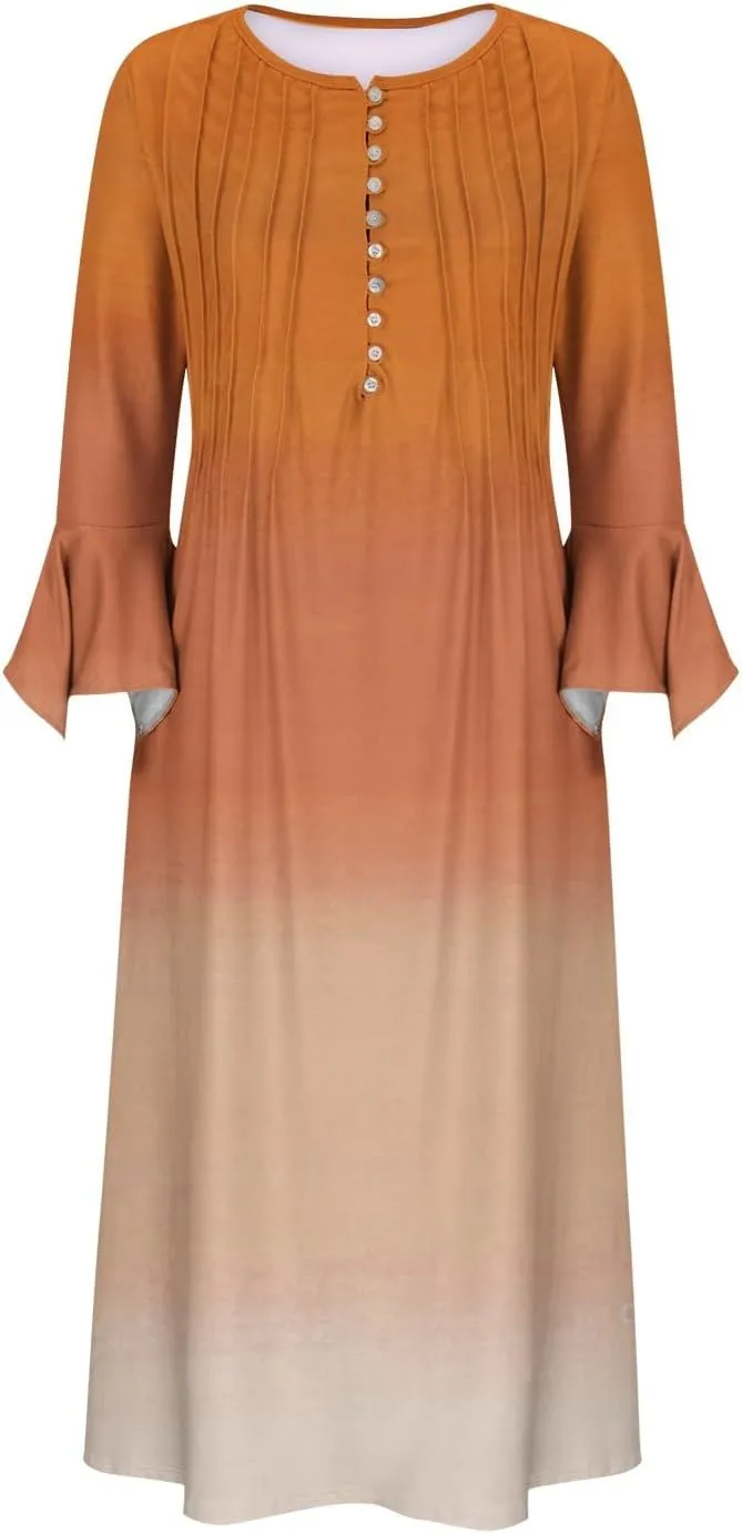 Plus Size Dress for Women 2024 Fashion Long Sleeve Gradient Color Causal Dresses Plus Size Buttons V Neck Fall Dress