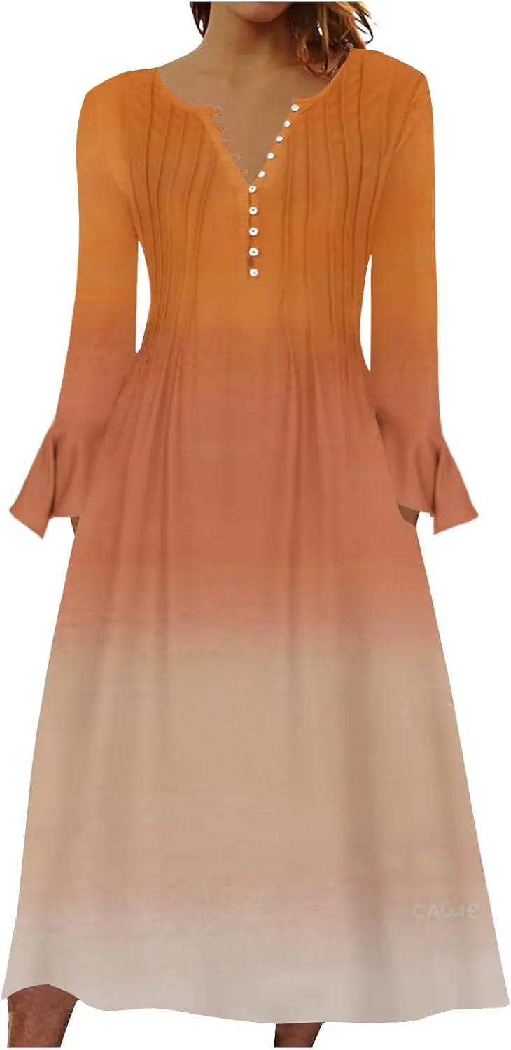 Plus Size Dress for Women 2024 Fashion Long Sleeve Gradient Color Causal Dresses Plus Size Buttons V Neck Fall Dress