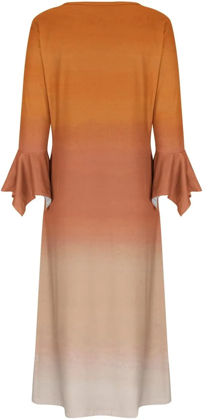 Plus Size Dress for Women 2024 Fashion Long Sleeve Gradient Color Causal Dresses Plus Size Buttons V Neck Fall Dress