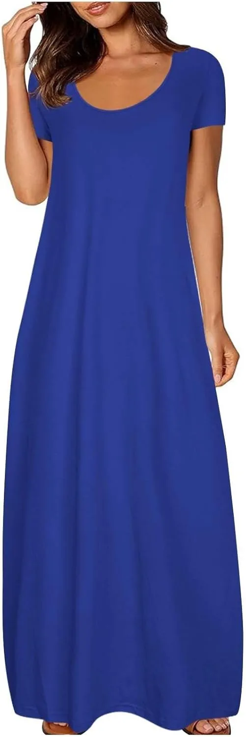 Plus Size Dresses for Curvy Women Loose Fit Round Neck Summer Beach Dresses Casual Flowy Maxi Tshirt Sundresses