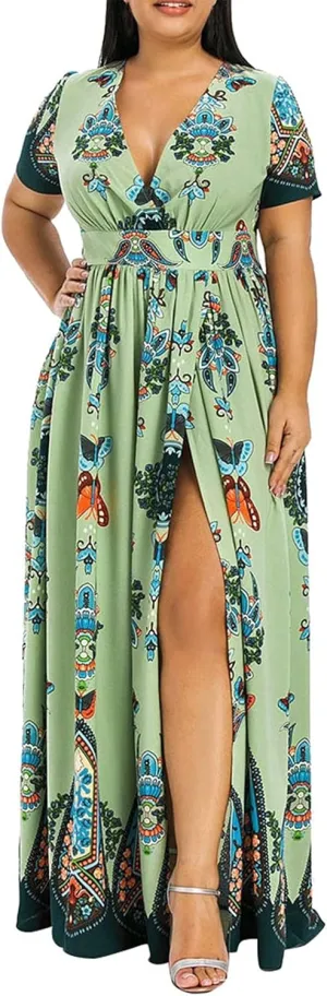 Plus Size Dresses for Women,2023 Summer Elegant Sexy Bodycon Wedding Guest Dress,Trendy Floral Boho Maxi Dress