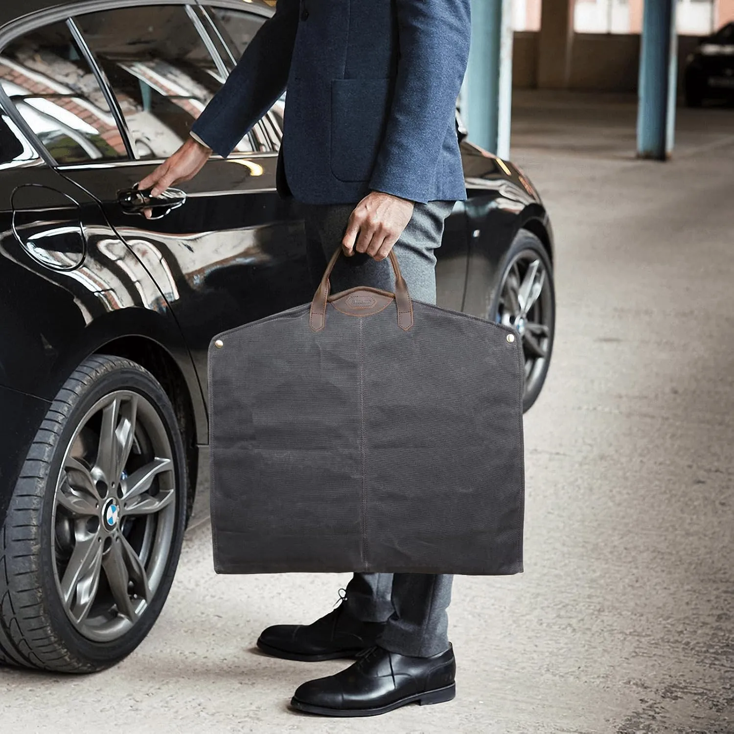 Polare 43 Waxed Canvas Full Grain Leather Trim Garment Bag for Travel, Large Carry on Business Suitcase Cover with YKK Zipper, Waterproof Hanging Suit Garment Cover with Handles,1 pack