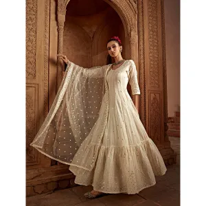 Preevin Off White Barfi Anarkali with Embroidered Dupatta (Set of 2)
