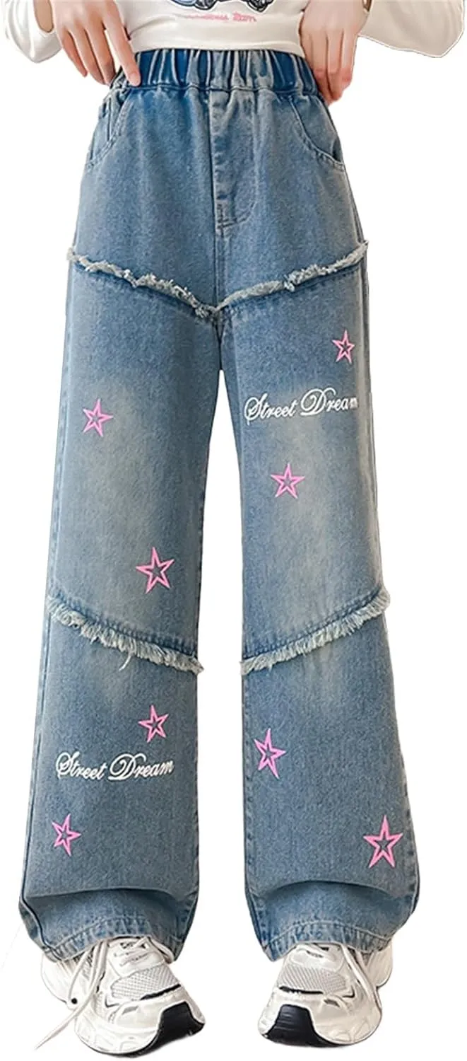Preschool Girls Pants Kids Girls Ripped Distressed Washed Baggy Wide Leg Casual Jeans Size 5 16 5t Sweatpants Girls