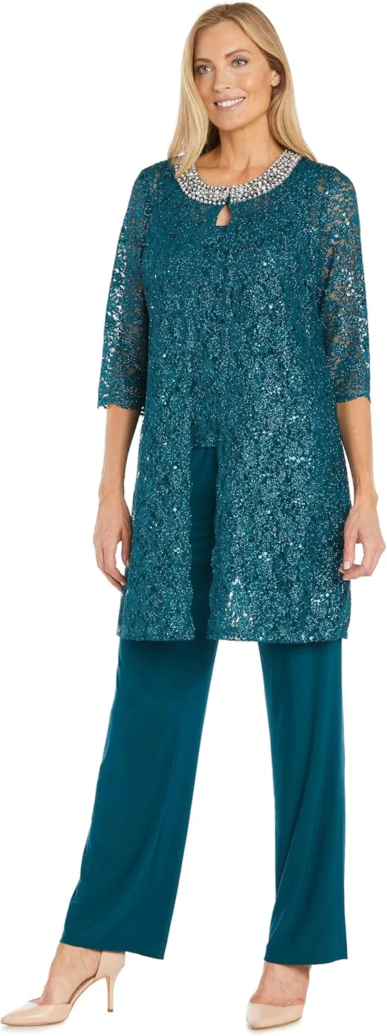 R&M Richards Women's Pearl Glow Lace Pant Set