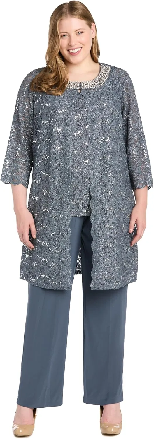 R&M Richards Women's Pearl Glow Lace Pant Set