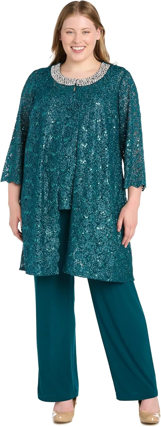 R&M Richards Women's Pearl Glow Lace Pant Set