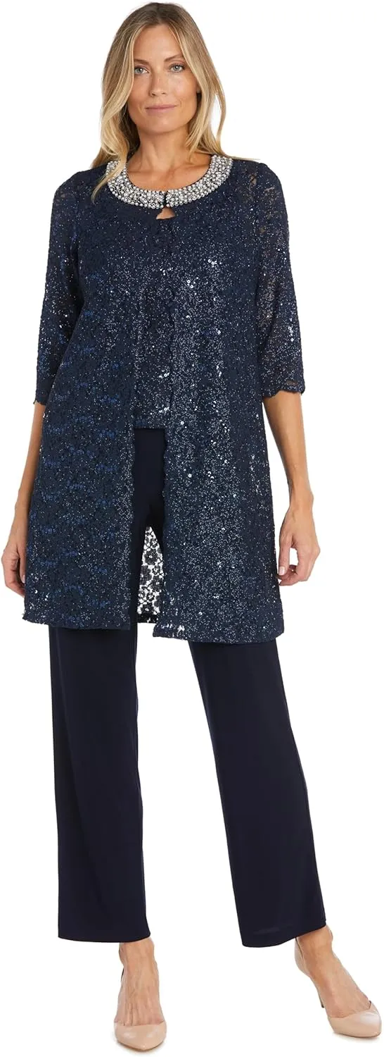 R&M Richards Women's Plus Size Pearl Glow Lace Pant Set