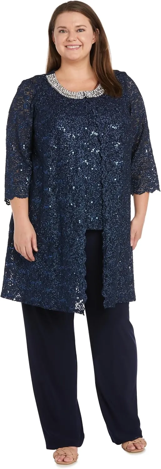 R&M Richards Women's Plus Size Pearl Glow Lace Pant Set