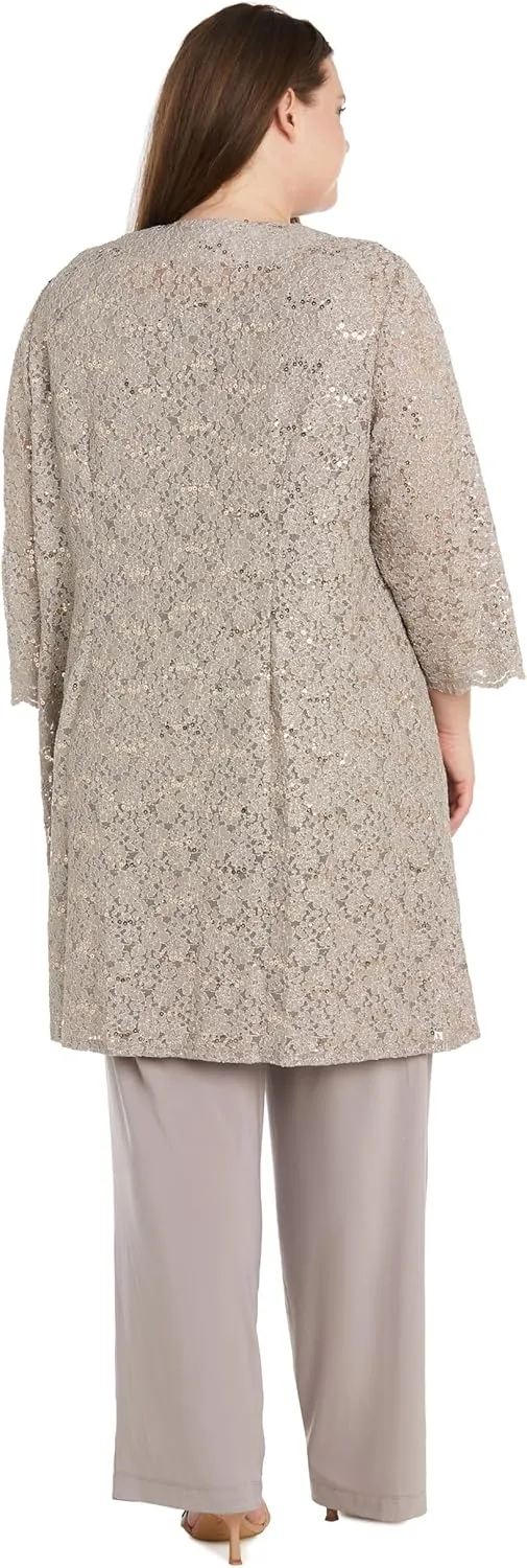 R&M Richards Women's Plus Size Pearl Glow Lace Pant Set