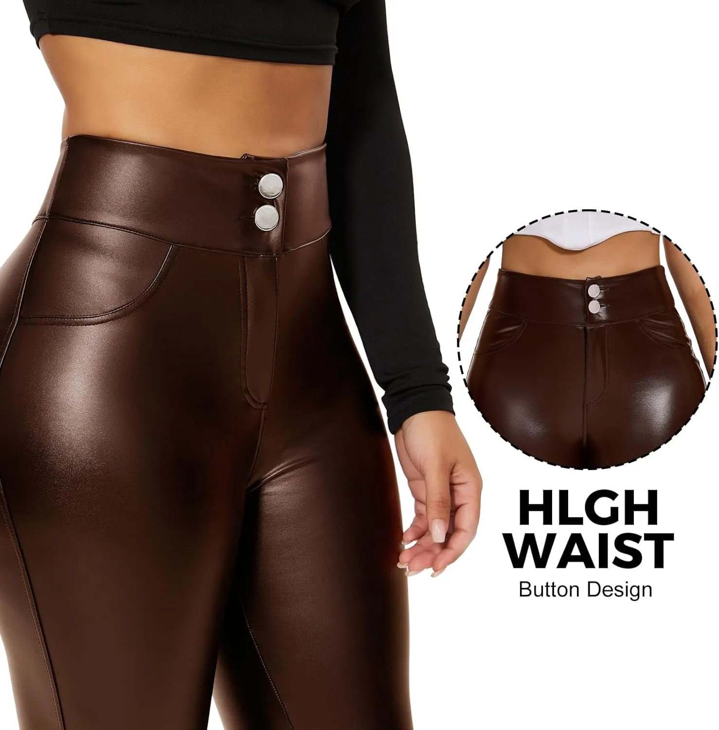 RIOJOY Womens Sexy Leather Leggings High Waisted Butt Lifting Faux Leather PU Pants Tummy Control Stretch