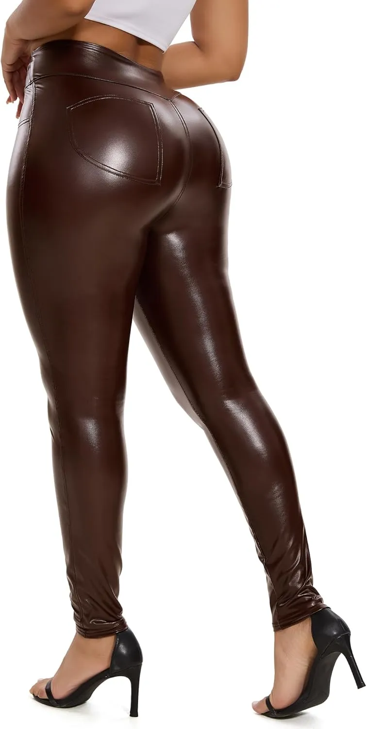 RIOJOY Womens Sexy Leather Leggings High Waisted Butt Lifting Faux Leather PU Pants Tummy Control Stretch