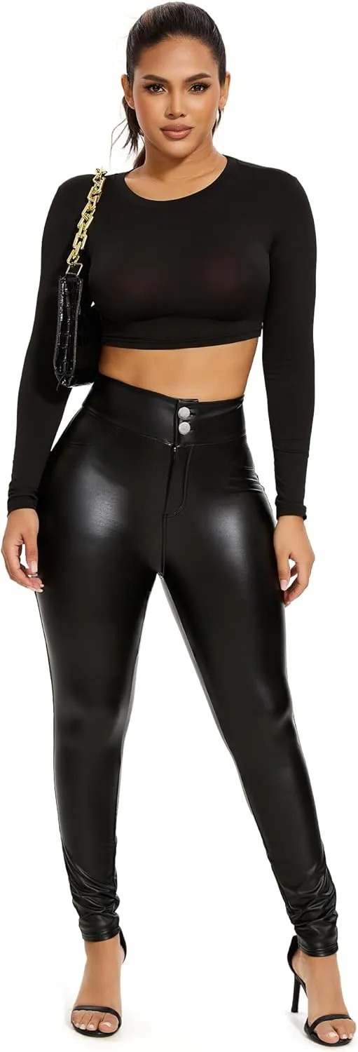 RIOJOY Womens Sexy Leather Leggings High Waisted Butt Lifting Faux Leather PU Pants Tummy Control Stretch