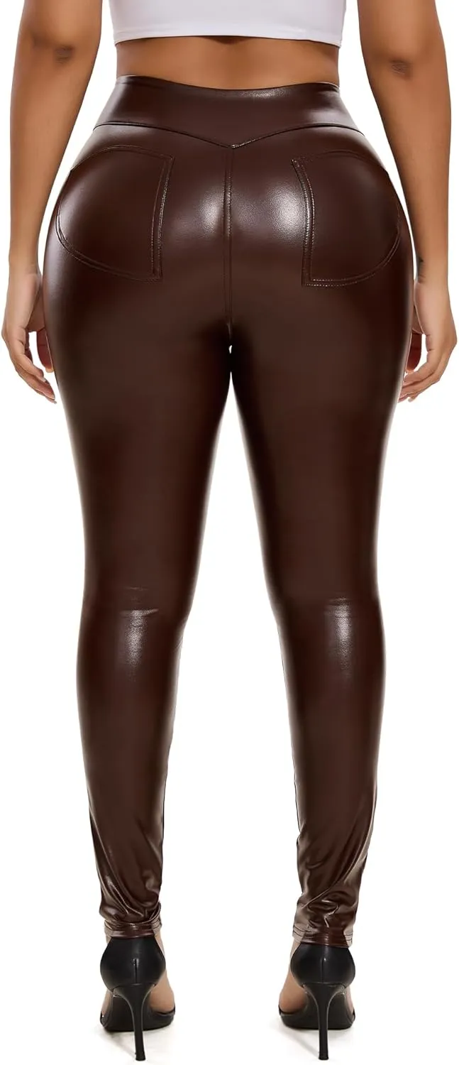 RIOJOY Womens Sexy Leather Leggings High Waisted Butt Lifting Faux Leather PU Pants Tummy Control Stretch