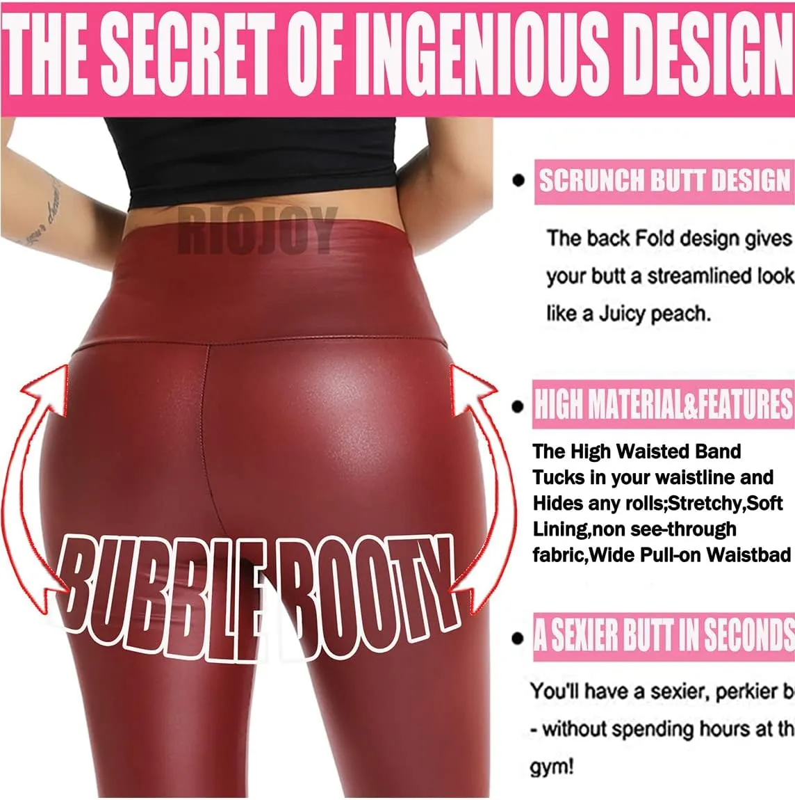 RIOJOY Womens Sexy Leather Leggings PU High Waist Butt Lifting Pleather Pants Stretchy Faux Leather Tights Push Up