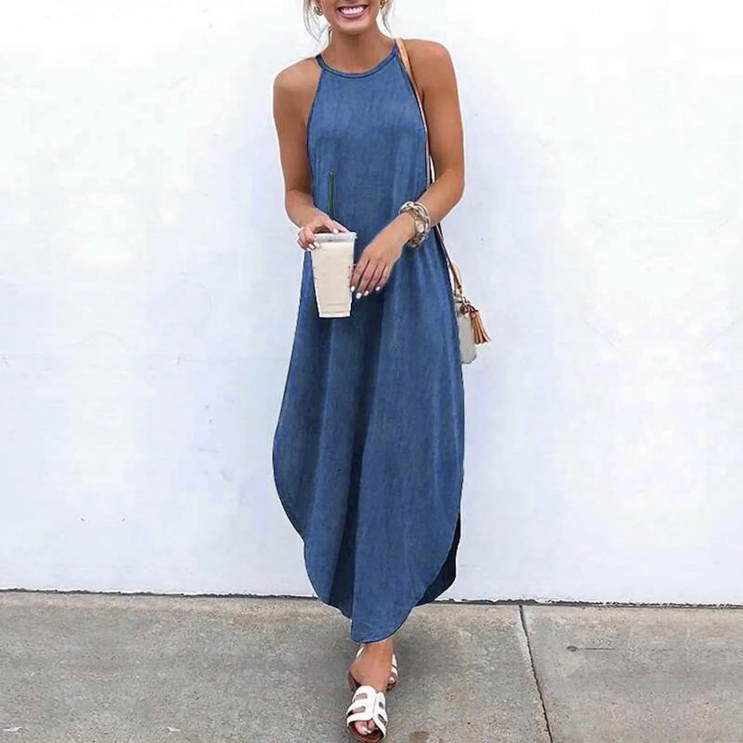 RKSTN Women's Loose Denim Dress Casual Long Dress Plus Size Maxi Dress for Women Solid Apron Dress Sleeveless Summer Dress