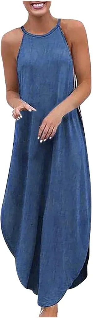 RKSTN Women's Loose Denim Dress Casual Long Dress Plus Size Maxi Dress for Women Solid Apron Dress Sleeveless Summer Dress