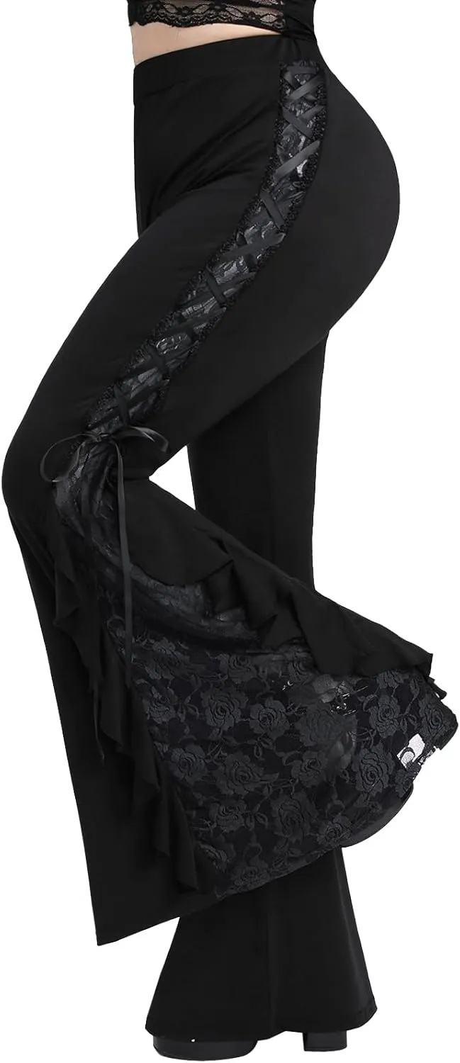 ROSE GAL Women Plus Size Gothic Bell Bottoms Flare Pants Lace-up Pull On Romantic Pants