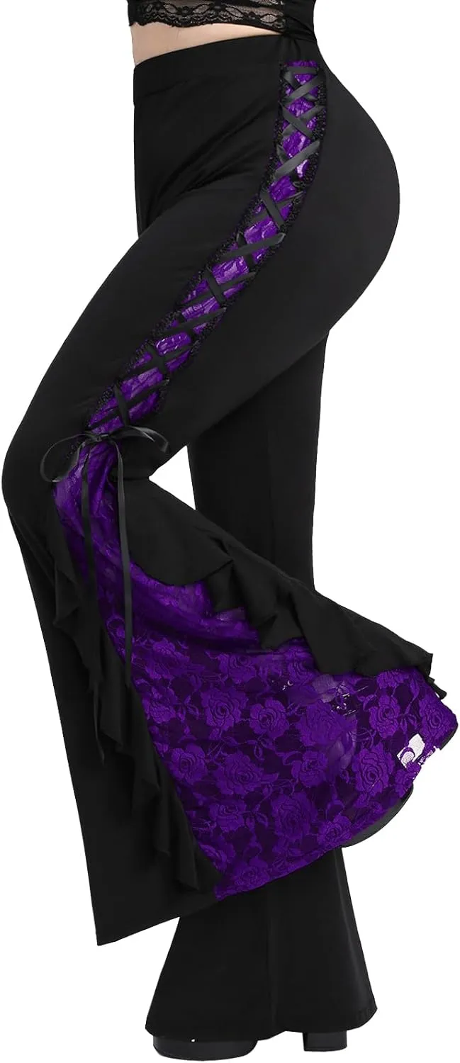 ROSE GAL Women Plus Size Gothic Bell Bottoms Flare Pants Lace-up Pull On Romantic Pants