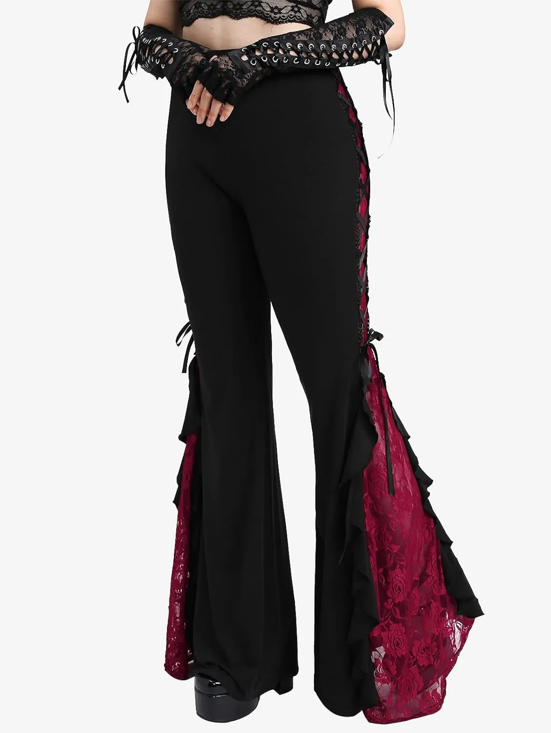 ROSE GAL Women Plus Size Gothic Bell Bottoms Flare Pants Lace-up Pull On Romantic Pants