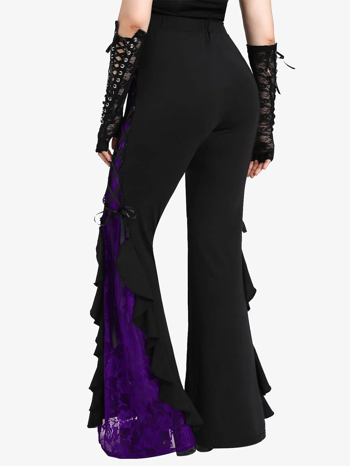 ROSE GAL Women Plus Size Gothic Bell Bottoms Flare Pants Lace-up Pull On Romantic Pants