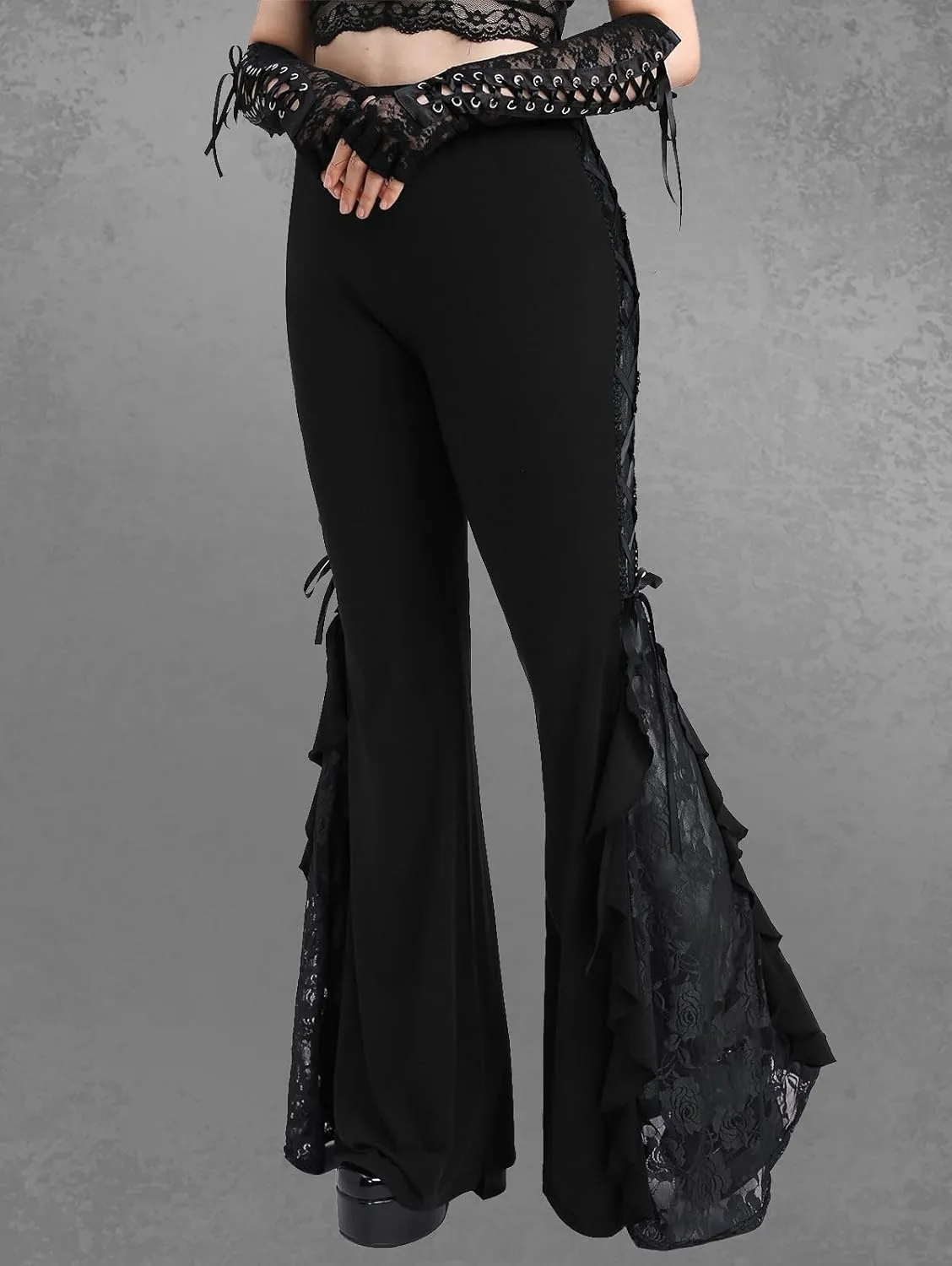 ROSE GAL Women Plus Size Gothic Bell Bottoms Flare Pants Lace-up Pull On Romantic Pants