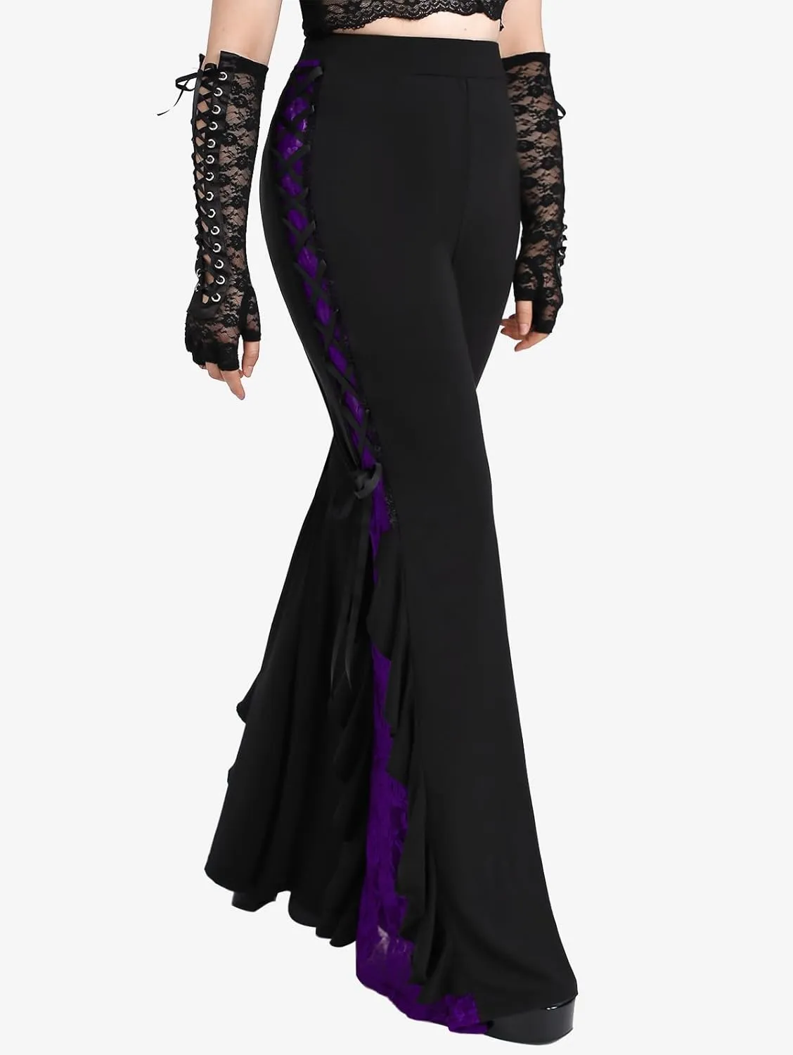 ROSE GAL Women Plus Size Gothic Bell Bottoms Flare Pants Lace-up Pull On Romantic Pants