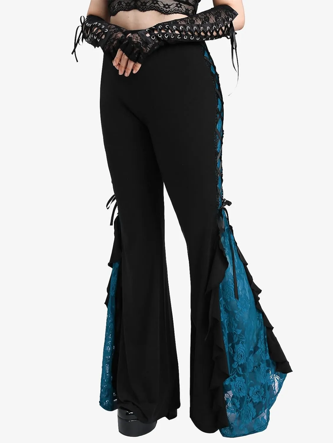 ROSE GAL Women Plus Size Gothic Bell Bottoms Flare Pants Lace-up Pull On Romantic Pants