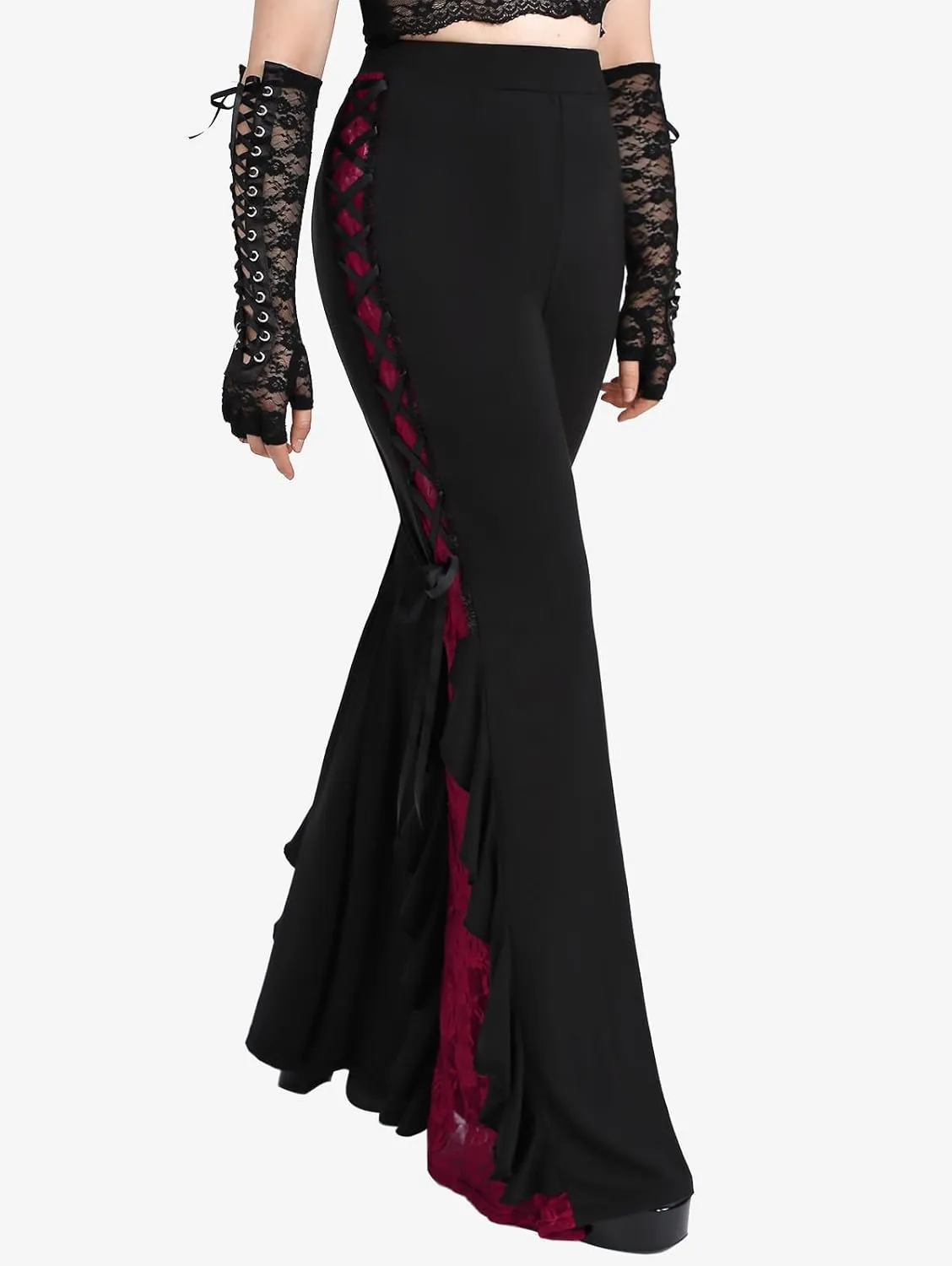 ROSE GAL Women Plus Size Gothic Bell Bottoms Flare Pants Lace-up Pull On Romantic Pants