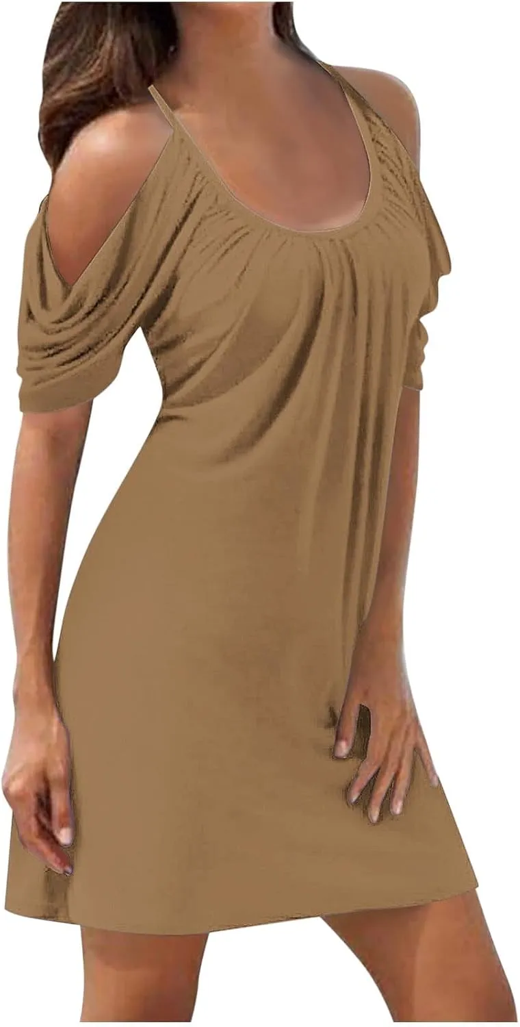 Ruziyoog Summer Casual Cold Shoulder Dress for Women Spaghetti Strap Ruffle Sleeve Sundress Trendy Beach A-Line Mini Dress
