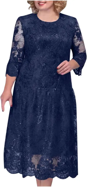 Ruziyoog Womens Elegant Floral lace Midi Dress Plus Size Lace Chiffon Wedding Guest Dresses Formal 3/4 Sleeve Dresses