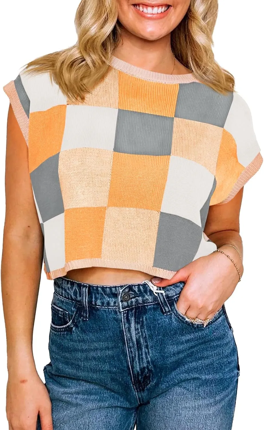 Saodimallsu Womens Cap Sleeve Crop Tops Summer Color Block Going Out Crew Neck Knit Trendy Casual Sweater