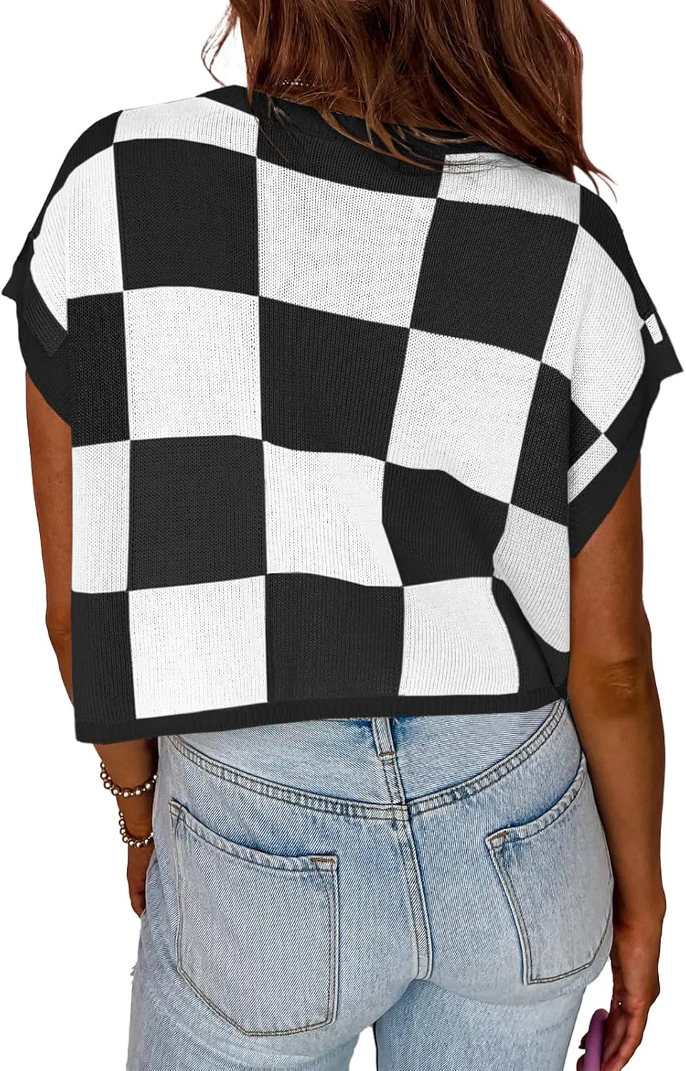 Saodimallsu Womens Cap Sleeve Crop Tops Summer Color Block Going Out Crew Neck Knit Trendy Casual Sweater