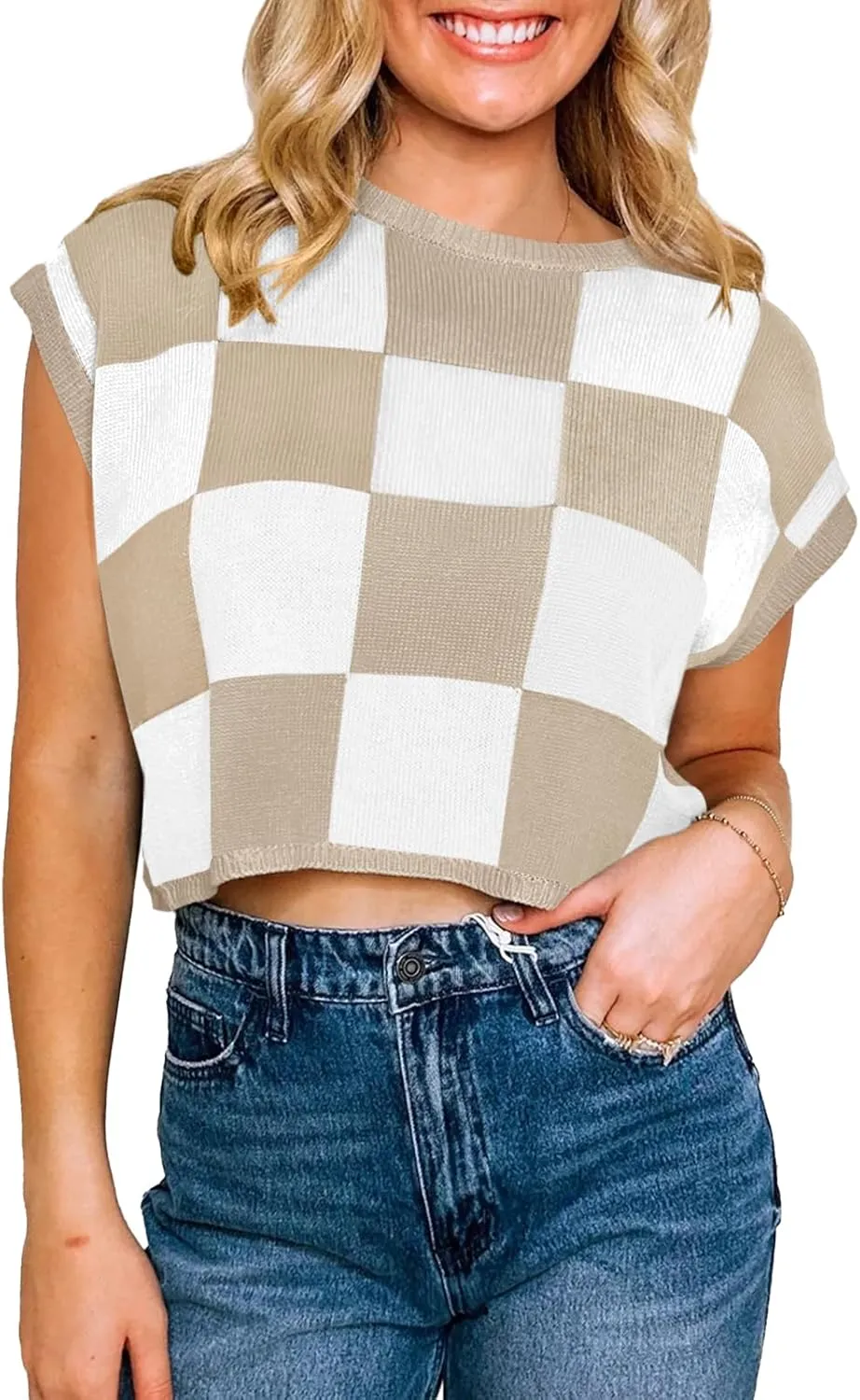 Saodimallsu Womens Cap Sleeve Crop Tops Summer Color Block Going Out Crew Neck Knit Trendy Casual Sweater
