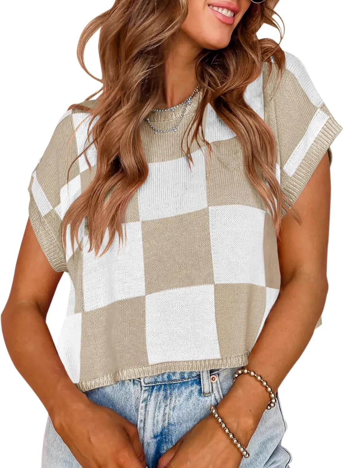Saodimallsu Womens Cap Sleeve Crop Tops Summer Color Block Going Out Crew Neck Knit Trendy Casual Sweater