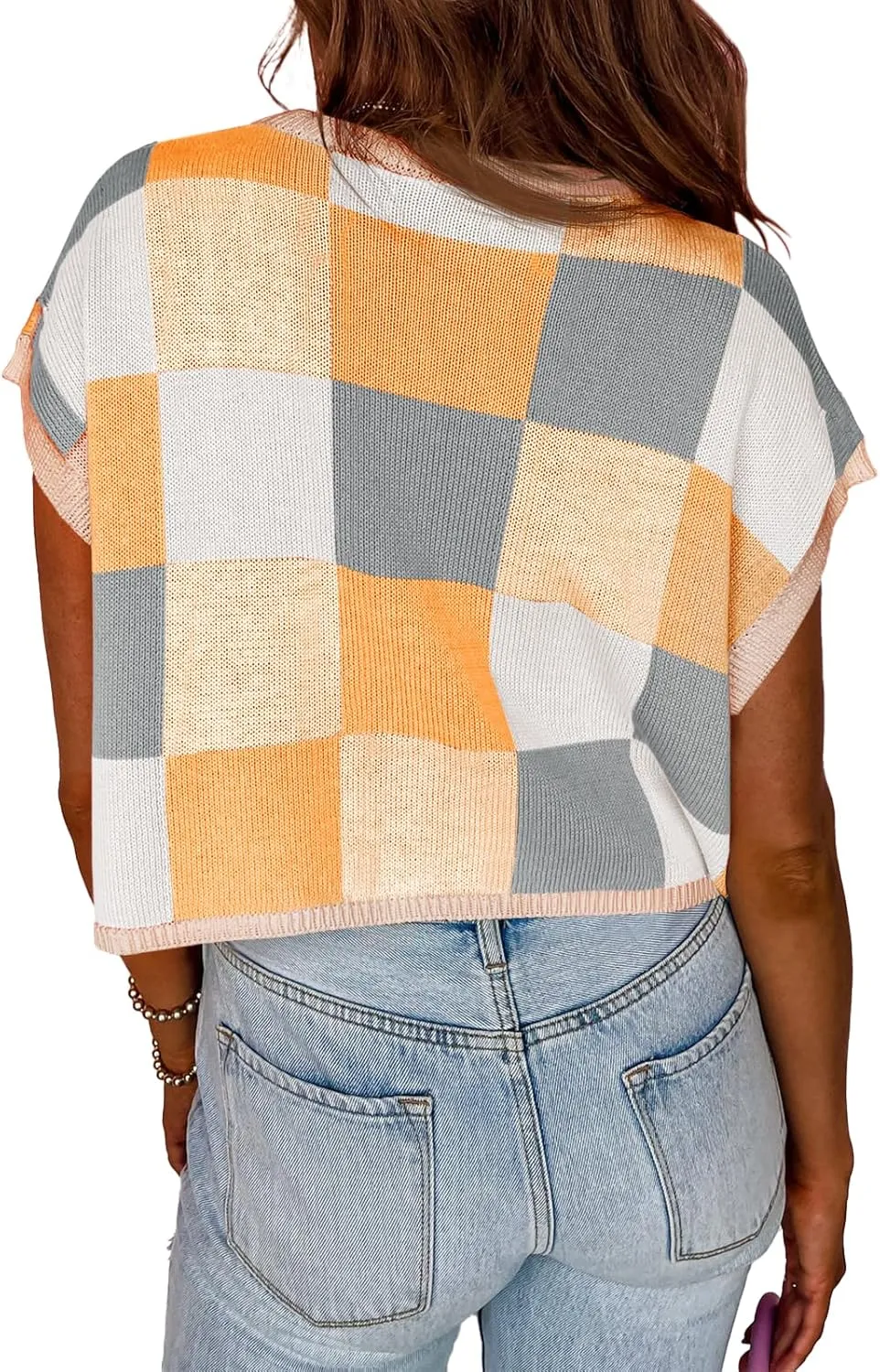 Saodimallsu Womens Cap Sleeve Crop Tops Summer Color Block Going Out Crew Neck Knit Trendy Casual Sweater