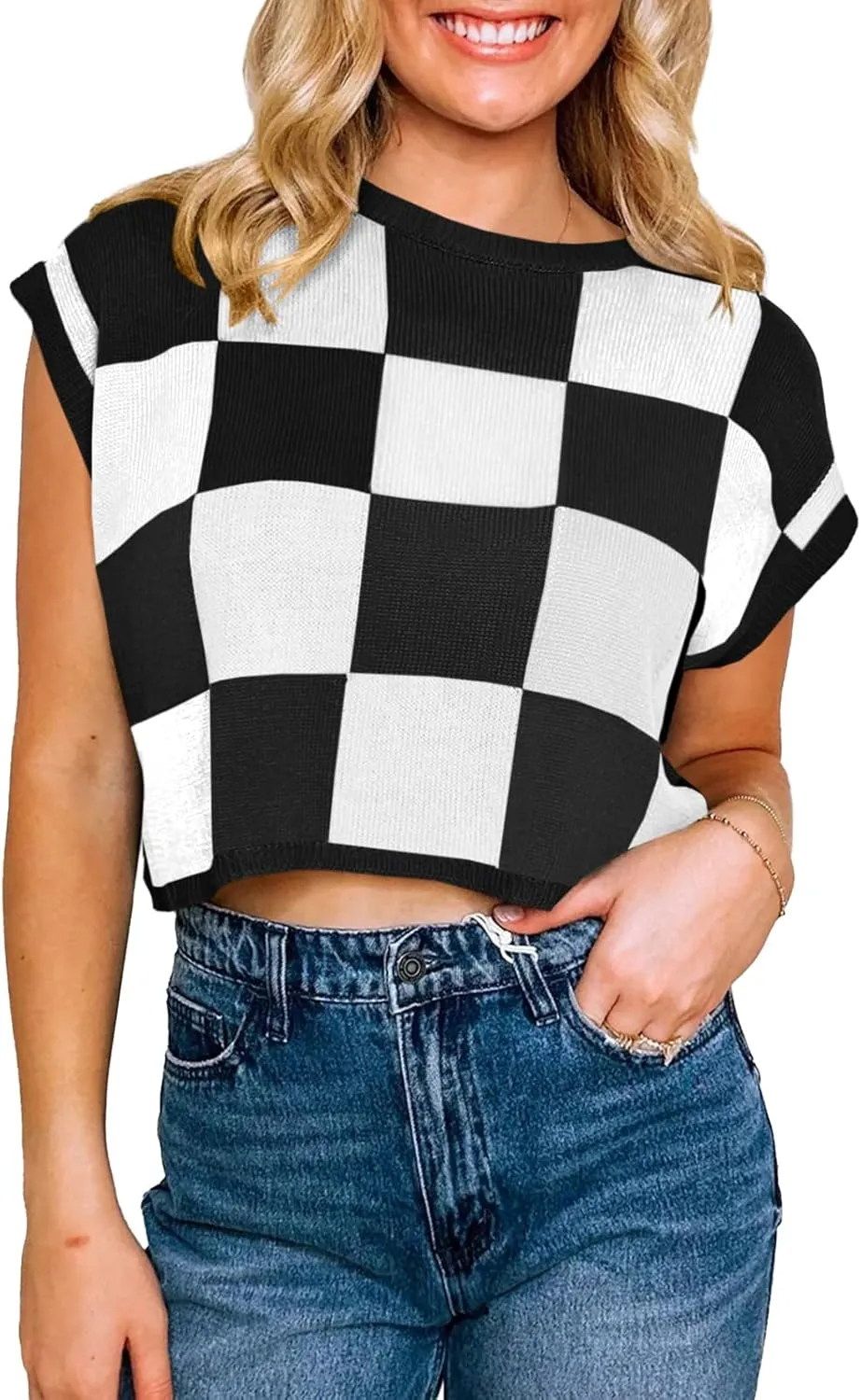 Saodimallsu Womens Cap Sleeve Crop Tops Summer Color Block Going Out Crew Neck Knit Trendy Casual Sweater