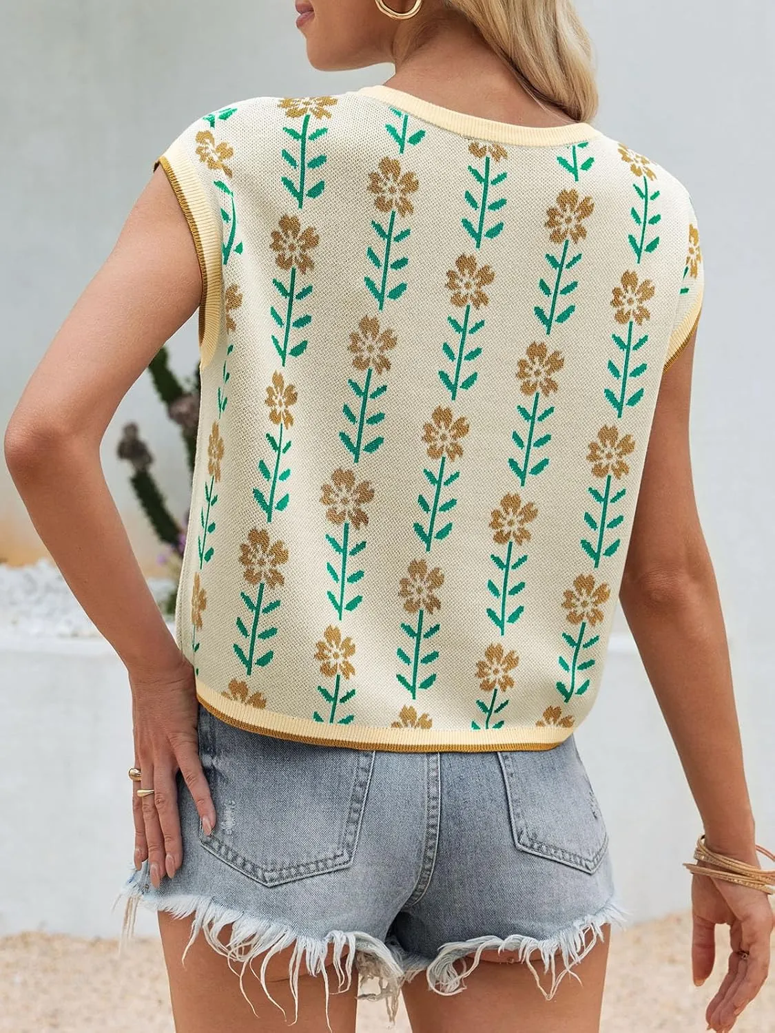 Saodimallsu Womens Cap Sleeve Crop Tops Summer Color Block Going Out Crew Neck Knit Trendy Casual Sweater