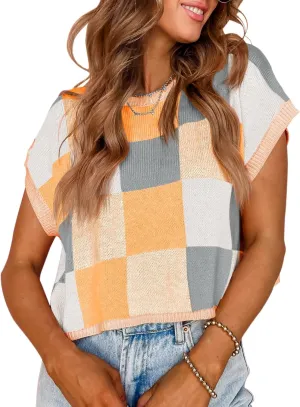 Saodimallsu Womens Cap Sleeve Crop Tops Summer Color Block Going Out Crew Neck Knit Trendy Casual Sweater