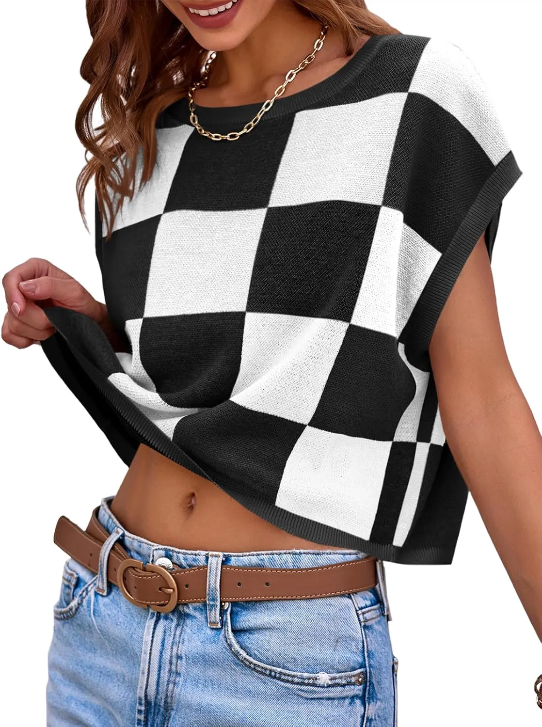 Saodimallsu Womens Cap Sleeve Crop Tops Summer Color Block Going Out Crew Neck Knit Trendy Casual Sweater