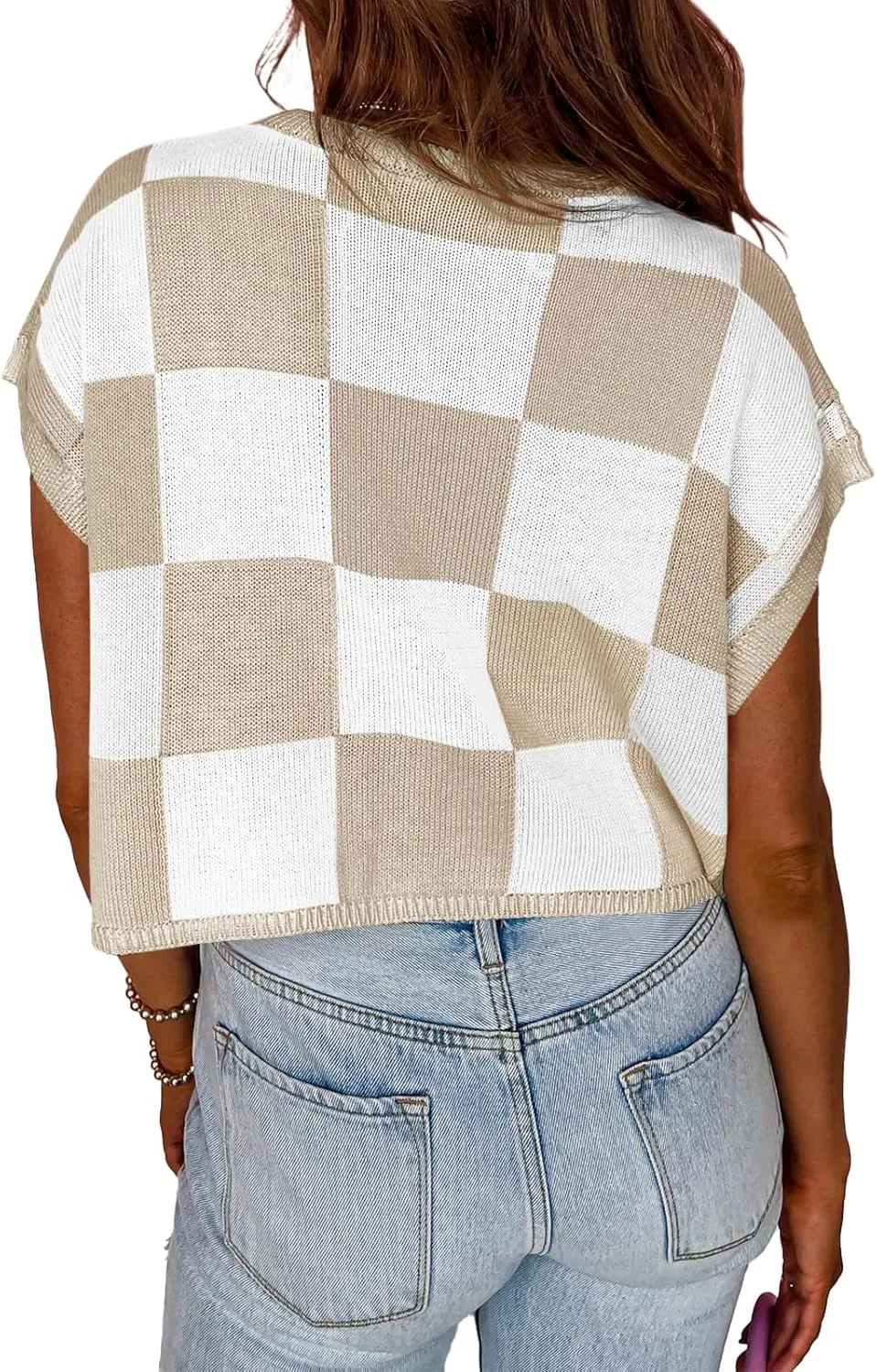 Saodimallsu Womens Cap Sleeve Crop Tops Summer Color Block Going Out Crew Neck Knit Trendy Casual Sweater