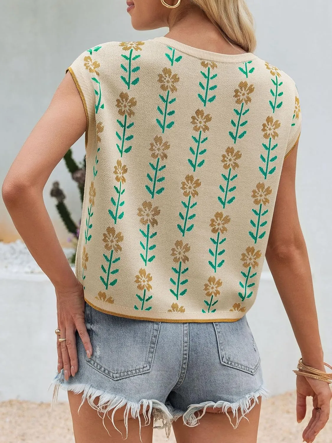 Saodimallsu Womens Cap Sleeve Crop Tops Summer Color Block Going Out Crew Neck Knit Trendy Casual Sweater