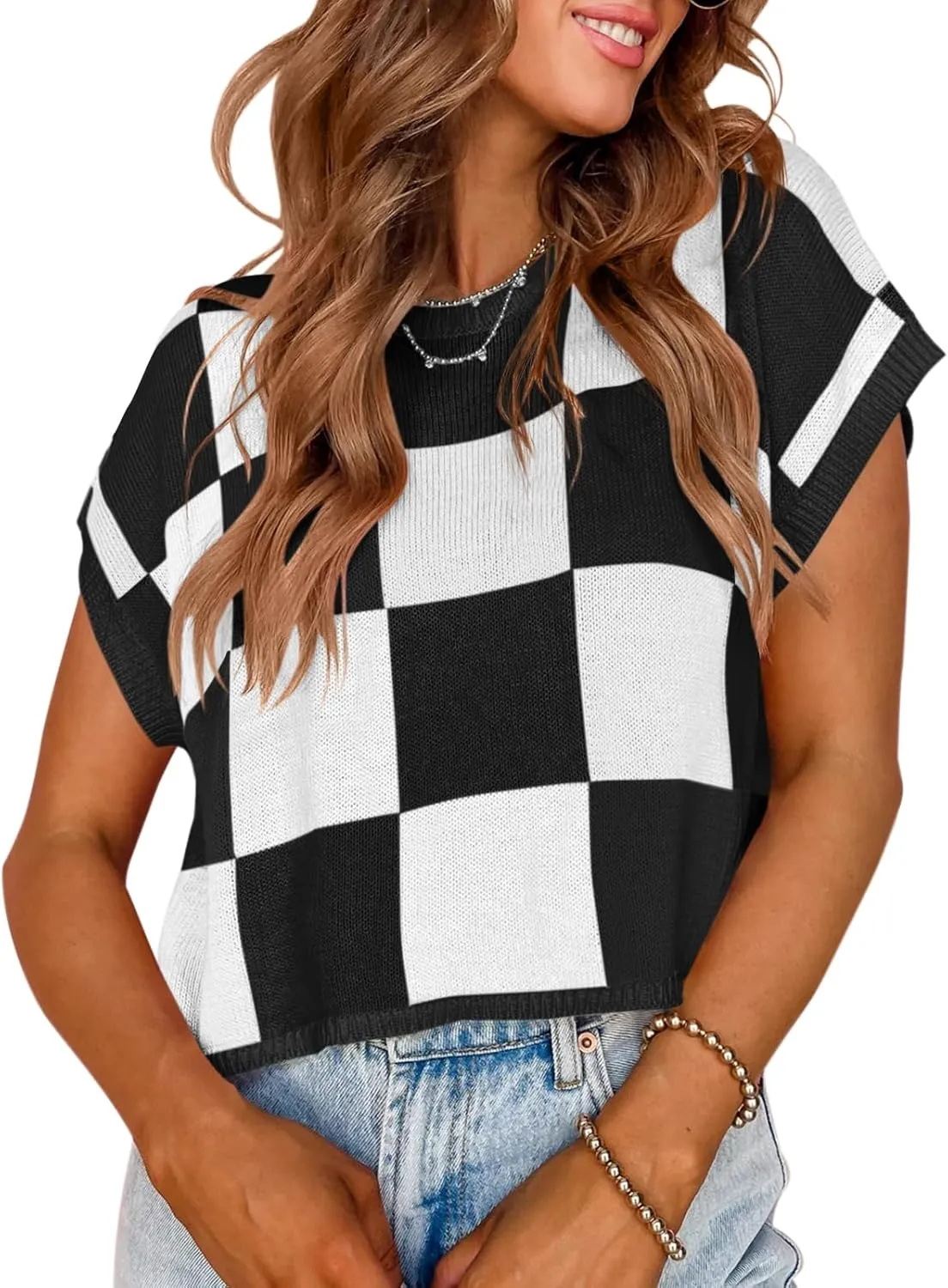 Saodimallsu Womens Cap Sleeve Crop Tops Summer Color Block Going Out Crew Neck Knit Trendy Casual Sweater