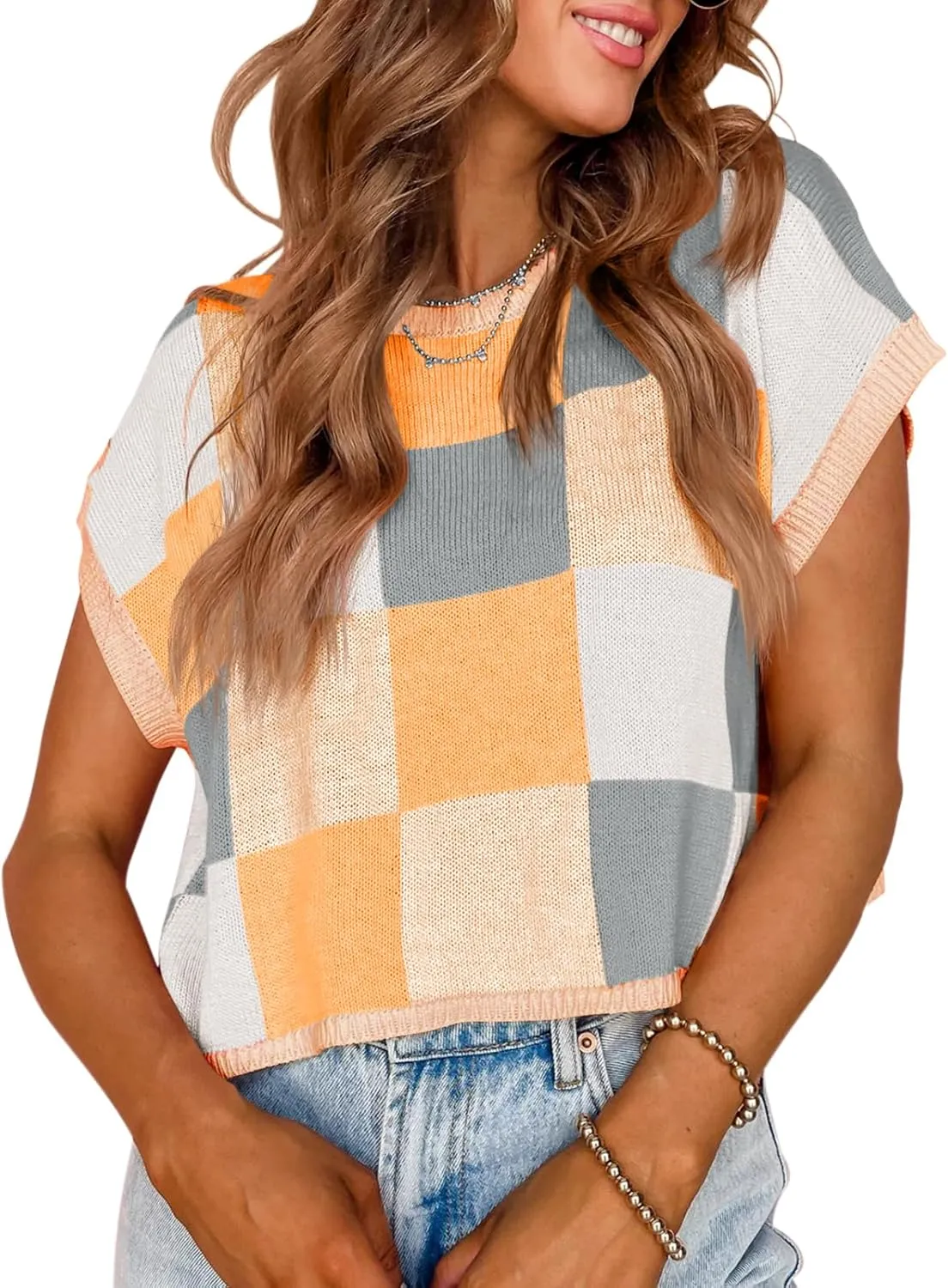 Saodimallsu Womens Cap Sleeve Crop Tops Summer Color Block Going Out Crew Neck Knit Trendy Casual Sweater