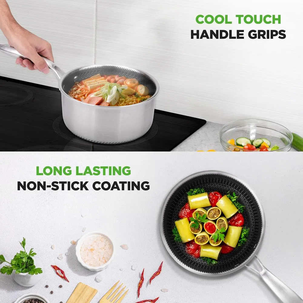 Sauce Pot With Glass Lid - Triply Stainless Steel Cookware, Dakin Etching Non-Stick Coating Inside And Outside