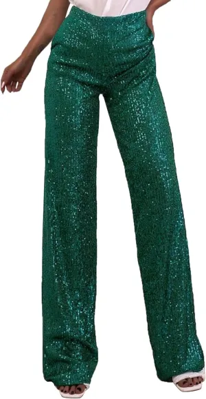 Sequin Pants for Women High Waisted Fashion Glitter Flare Bell Bottom Stretchy Casual Loose Night Party Wide Leg Trousers